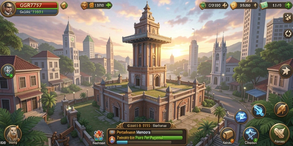 Tampilan gameplay menakjubkan dalam GGR7777, menara pertahanan yang strategis.