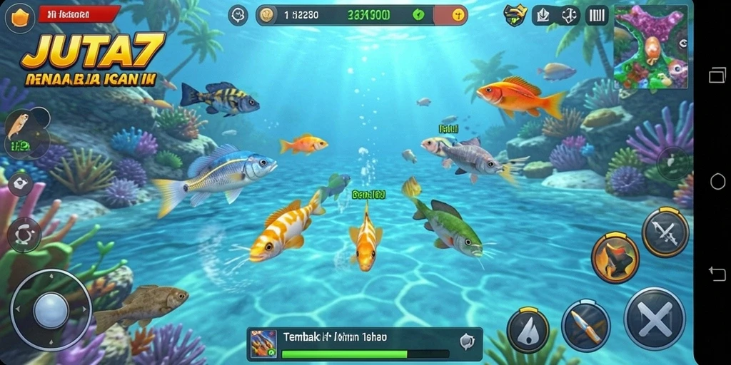 Tangkapan layar gameplay JUTA7 menampilkan aksi menangkap ikan yang seru.
