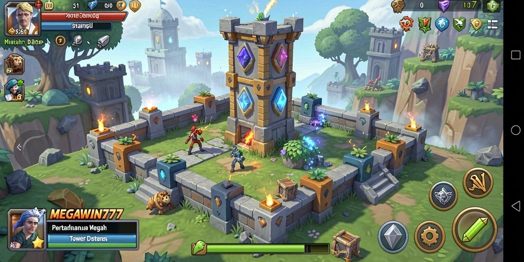 Screenshot gameplay MEGAWIN777 dengan aksi Tower Defense yang seru.