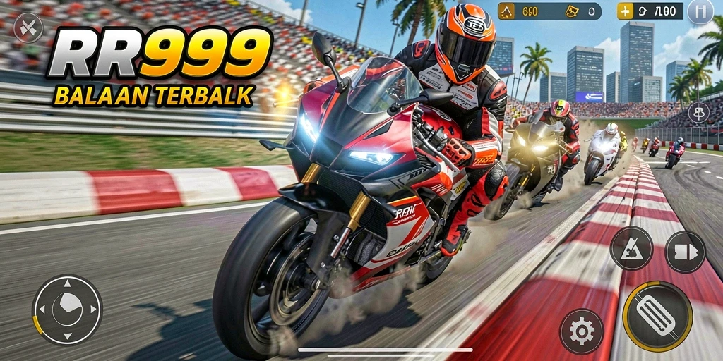 Screenshot gameplay RR999 menampilkan balapan motor yang mendebarkan.