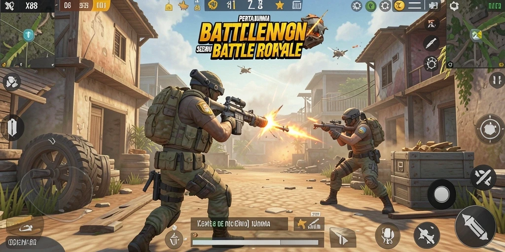 Screenshot X88 menunjukkan pertempuran seru dalam arena Battle Royale.